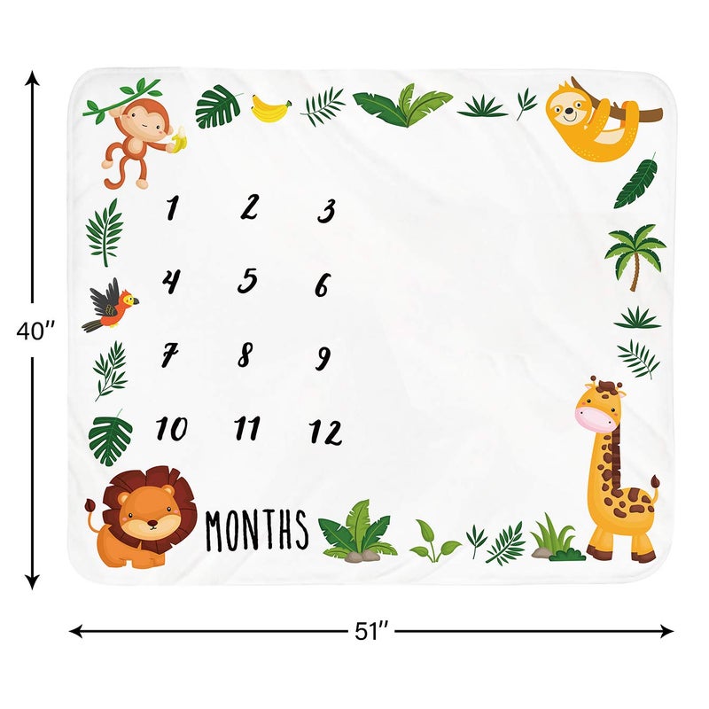 Tebaby Baby Monthly Milestone Blanket Boy - Jungle Animals Neutral Newborn Month Blanket for Boy & Girl Personalized Shower Gift Safari Nursery Decor Photography Background Prop with Frame Large 51''x40'' - Image 4