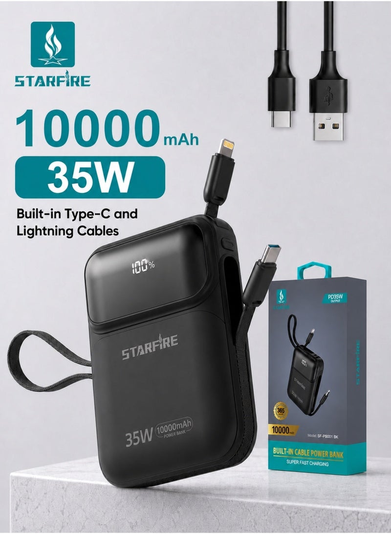 STARFIRE 10000mAh 35W Fast Charging Power Bank with Built-in Type-C & Lightning Cables, LED Digital Display, Compact Portable Charger with USB-A to Type-C Cable，iPhone 17 / 17 Pro / 17 Pro Max / iPhone Air / 16 / 15 / 14 / 13 / 12 Series, Samsung Galaxy S25 / S24 / S23 / S22, iPad, Xiaomi, OnePlus, Huawei - Image 1