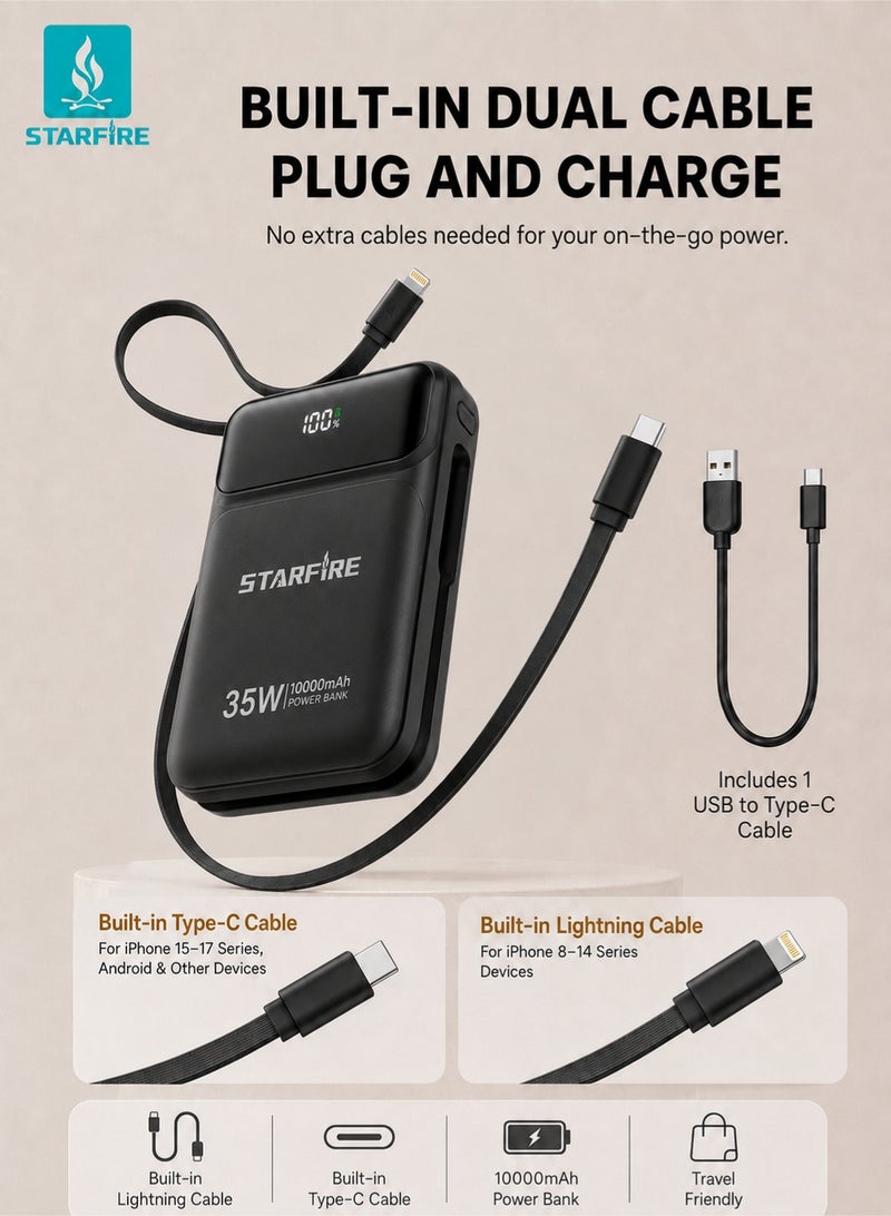 STARFIRE 10000mAh 35W Fast Charging Power Bank with Built-in Type-C & Lightning Cables, LED Digital Display, Compact Portable Charger with USB-A to Type-C Cable，iPhone 17 / 17 Pro / 17 Pro Max / iPhone Air / 16 / 15 / 14 / 13 / 12 Series, Samsung Galaxy S25 / S24 / S23 / S22, iPad, Xiaomi, OnePlus, Huawei - Image 3