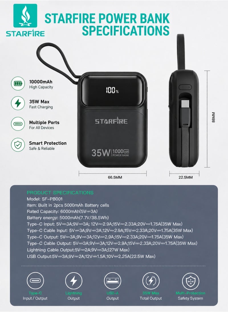 STARFIRE 10000mAh 35W Fast Charging Power Bank with Built-in Type-C & Lightning Cables, LED Digital Display, Compact Portable Charger with USB-A to Type-C Cable，iPhone 17 / 17 Pro / 17 Pro Max / iPhone Air / 16 / 15 / 14 / 13 / 12 Series, Samsung Galaxy S25 / S24 / S23 / S22, iPad, Xiaomi, OnePlus, Huawei - Image 4