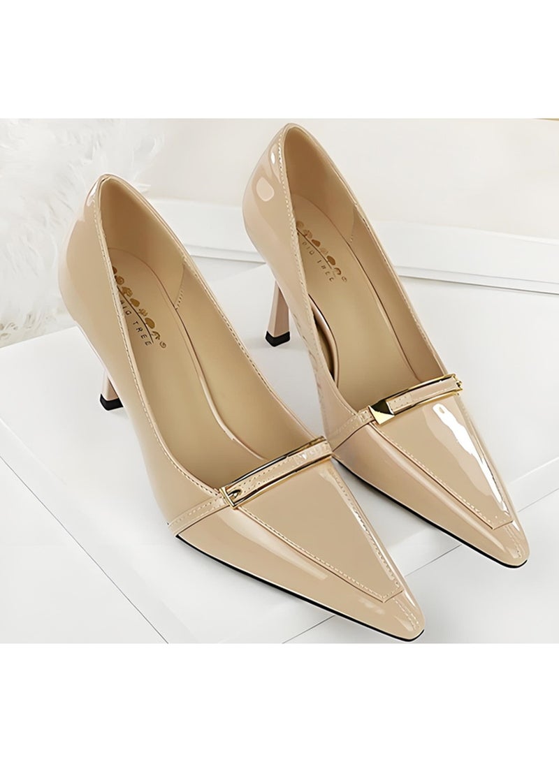 بيج تري المضخات النسائية مغلقة أشارت إصبع القدم الكعب العالي الحزب فستان الأحذية خاكي 8CM - Image 2