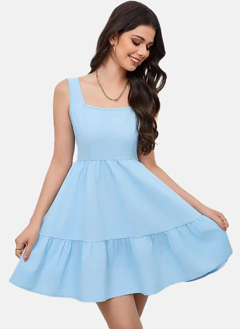 YUNIQEE Blue Solid Sleeveless Square Neck Mini Fit & Flare Dress