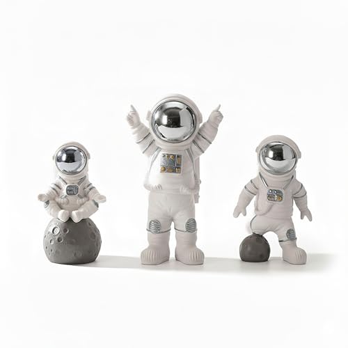 REWOP Astronaut Figurine Set of 3 – Cute Space Theme Desk Decor, Moon Surface Resin Statues for Home, Office, Car Dashboard, Gift for Kids & Space Lovers (Silver) - Image 4
