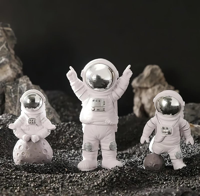 REWOP Astronaut Figurine Set of 3 – Cute Space Theme Desk Decor, Moon Surface Resin Statues for Home, Office, Car Dashboard, Gift for Kids & Space Lovers (Silver) - Image 2