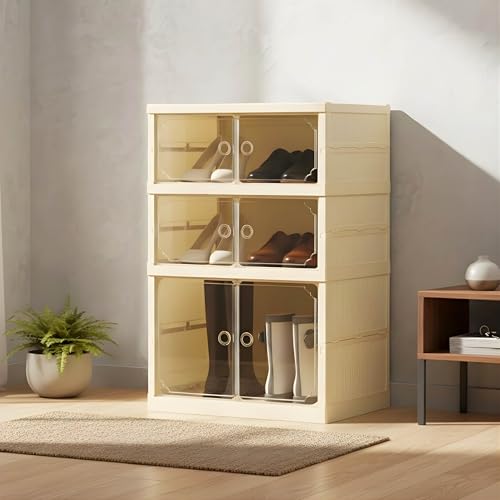 HomeStrap Shoe Stack Foldable Shoe Organizer with Wheels | Fits 6 Pairs | 3-Slot Shoe Rack with Clear Magnetic Doors | Dust & Moisture-Proof Multipurpose Storage for Entryways, Bedrooms | Off White - Image 1