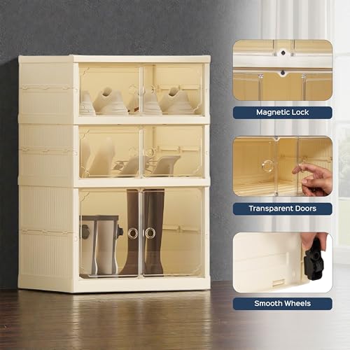 HomeStrap Shoe Stack Foldable Shoe Organizer with Wheels | Fits 6 Pairs | 3-Slot Shoe Rack with Clear Magnetic Doors | Dust & Moisture-Proof Multipurpose Storage for Entryways, Bedrooms | Off White - Image 4