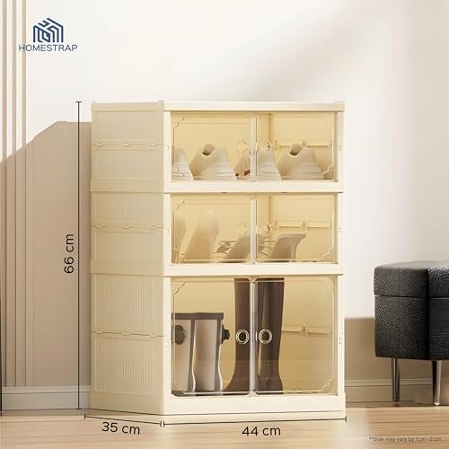 HomeStrap Shoe Stack Foldable Shoe Organizer with Wheels | Fits 6 Pairs | 3-Slot Shoe Rack with Clear Magnetic Doors | Dust & Moisture-Proof Multipurpose Storage for Entryways, Bedrooms | Off White - Image 2