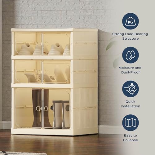 HomeStrap Shoe Stack Foldable Shoe Organizer with Wheels | Fits 6 Pairs | 3-Slot Shoe Rack with Clear Magnetic Doors | Dust & Moisture-Proof Multipurpose Storage for Entryways, Bedrooms | Off White - Image 3