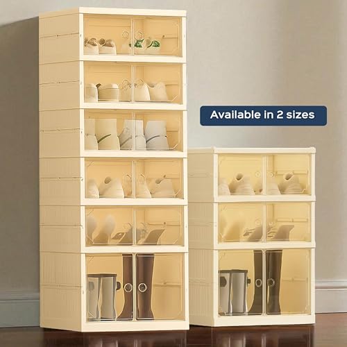 HomeStrap Shoe Stack Foldable Shoe Organizer with Wheels | Fits 6 Pairs | 3-Slot Shoe Rack with Clear Magnetic Doors | Dust & Moisture-Proof Multipurpose Storage for Entryways, Bedrooms | Off White - Image 5