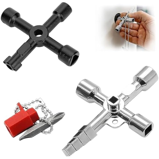 2 PCS MULTIFUNCTION PANEL KEYS, 4-WAY UTILITY KEY & 7 IN 1 RADIATOR KEY WITH BIT, UNIVERSAL CROSSKEY FOR ELECTRIC/ELEVATOR/CUPBOARD/CABINET, WATER/GAS METER OPENING - Image 1
