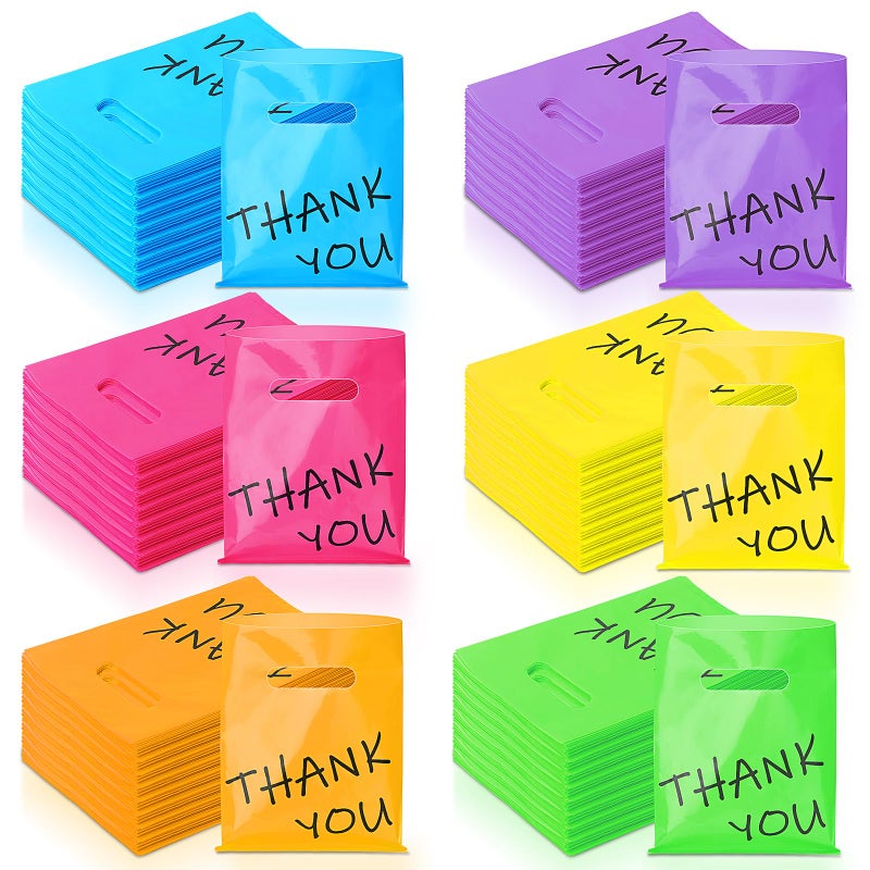 Janlaugh 300 Pcs Small Thank You Bags Bulk Colorful Plastic Merchandise Shopping Bags for Small Business with Handles Gift Party Favor Goodie Bag for Boutique Retail Weddings Trade Show (6" X 8") - Image 1