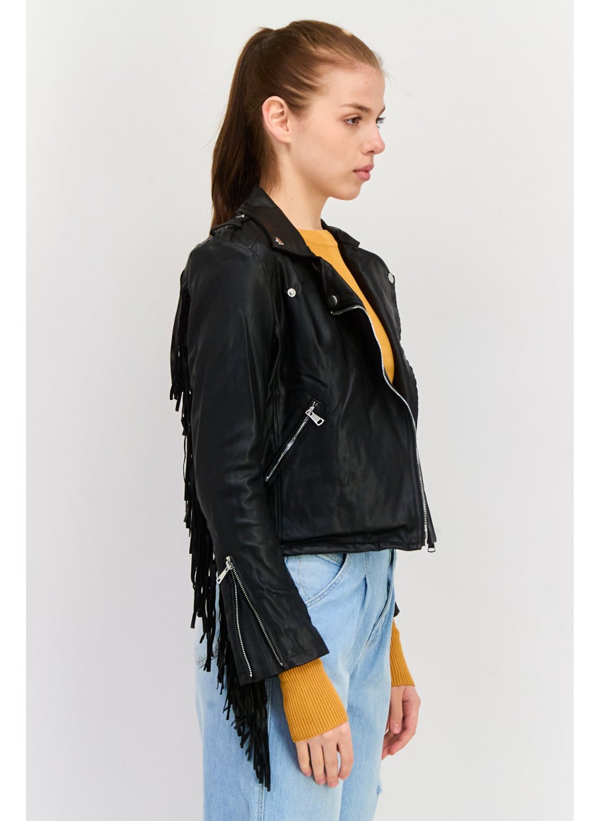 Aqua - Women Solid Faux Leather Motor Jacket, Black - Image 1