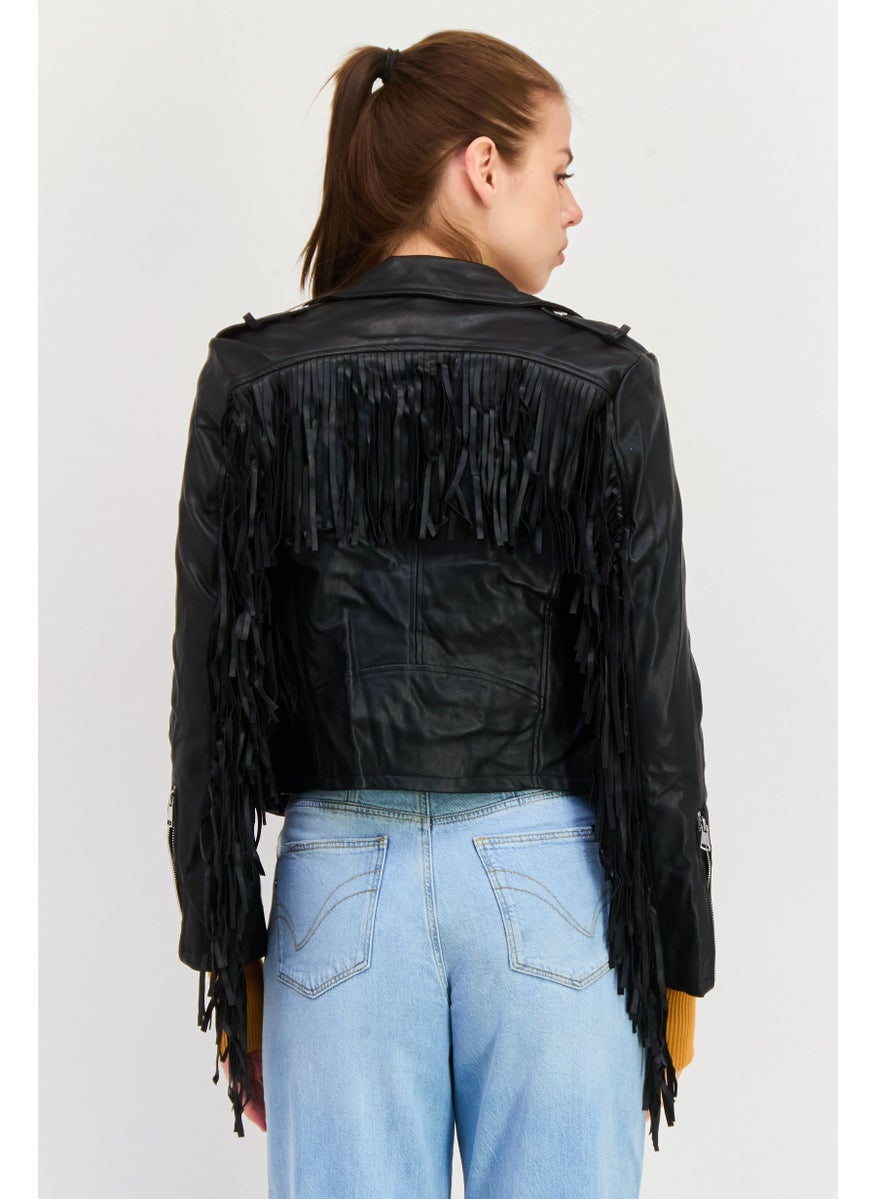 Aqua - Women Solid Faux Leather Motor Jacket, Black - Image 1