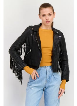 Women Solid Faux Leather Motor Jacket, Black