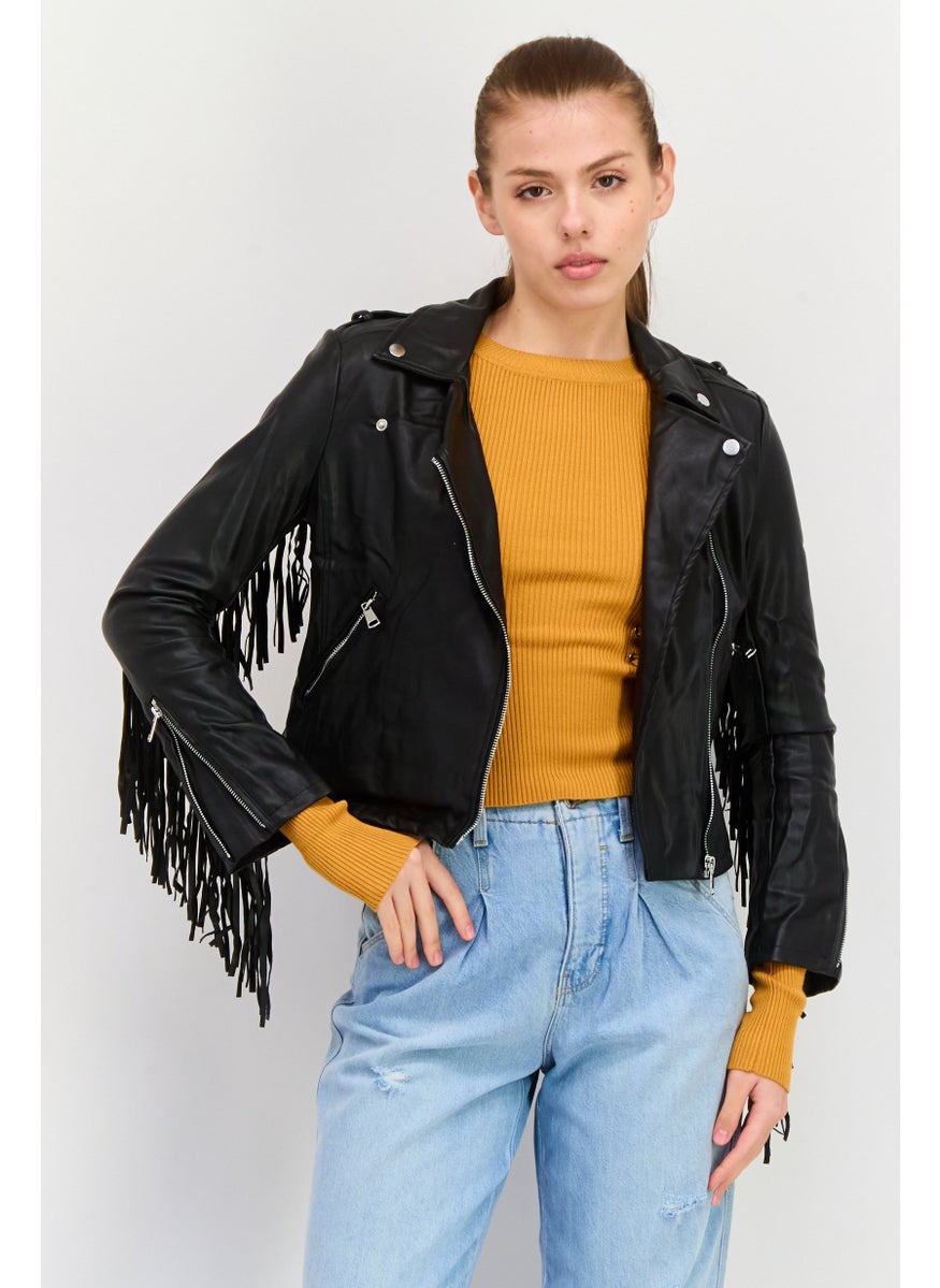 Aqua - Women Solid Faux Leather Motor Jacket, Black - Image 1