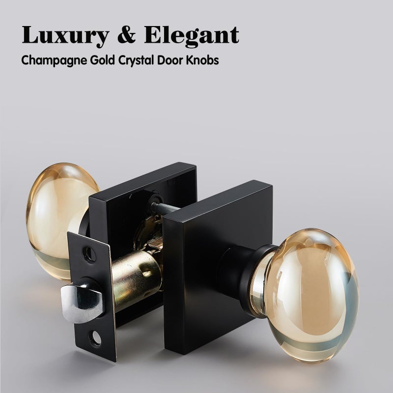 dairazan Champagne-Gold Oval-Glass Door Knobs - Interior Passage Premium Crystal Door Handles, Square Rosette Matte Black Finished(Passage) - Image 2