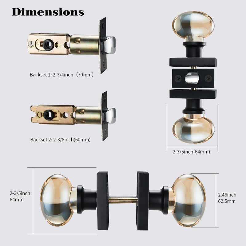 dairazan Champagne-Gold Oval-Glass Door Knobs - Interior Passage Premium Crystal Door Handles, Square Rosette Matte Black Finished(Passage) - Image 5