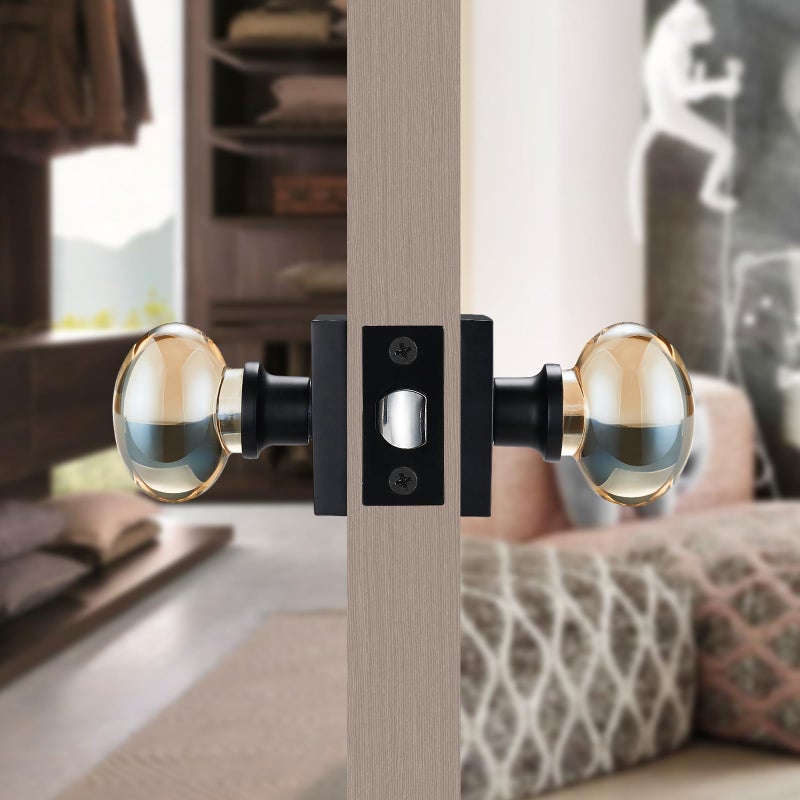 dairazan Champagne-Gold Oval-Glass Door Knobs - Interior Passage Premium Crystal Door Handles, Square Rosette Matte Black Finished(Passage) - Image 4