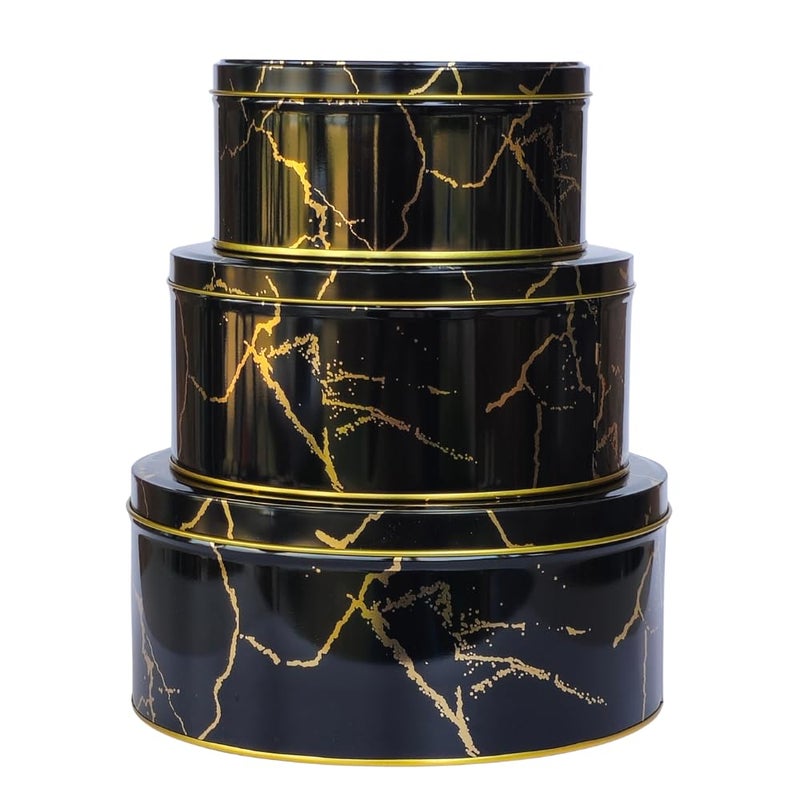 hadaaya Pack of 3 Round Metal Nesting Tins â€“ Stackable Storage Containers with Lids for Cookies, Candy, Snacks, Crafts & Kitchen Storage â€“ Black & Gold Gift Tin Box for Valentines Day Gift - Image 1