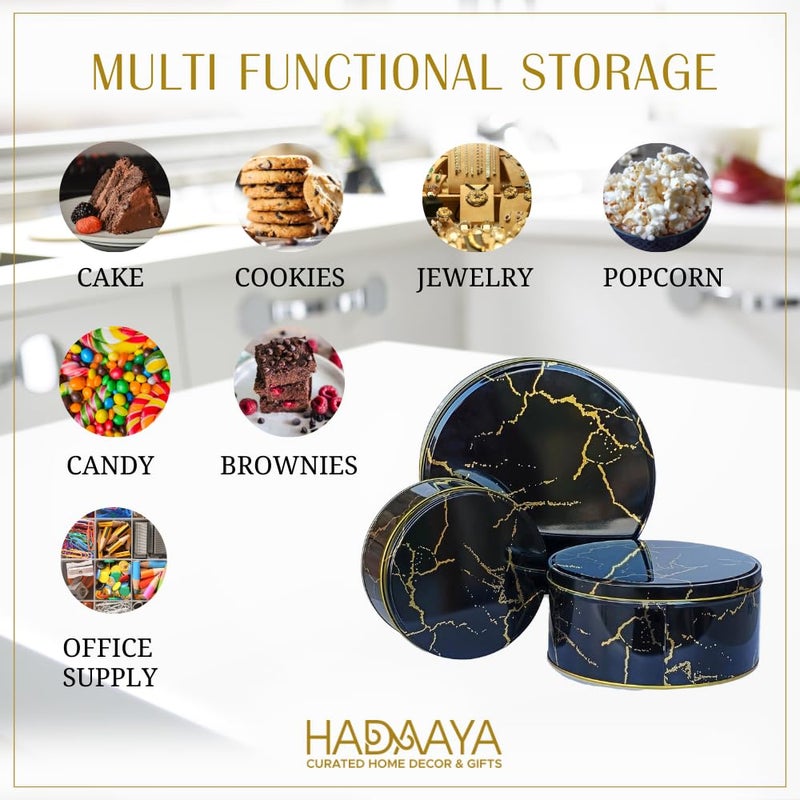 hadaaya Pack of 3 Round Metal Nesting Tins â€“ Stackable Storage Containers with Lids for Cookies, Candy, Snacks, Crafts & Kitchen Storage â€“ Black & Gold Gift Tin Box for Valentines Day Gift - Image 4
