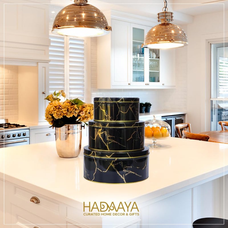 hadaaya Pack of 3 Round Metal Nesting Tins â€“ Stackable Storage Containers with Lids for Cookies, Candy, Snacks, Crafts & Kitchen Storage â€“ Black & Gold Gift Tin Box for Valentines Day Gift - Image 5