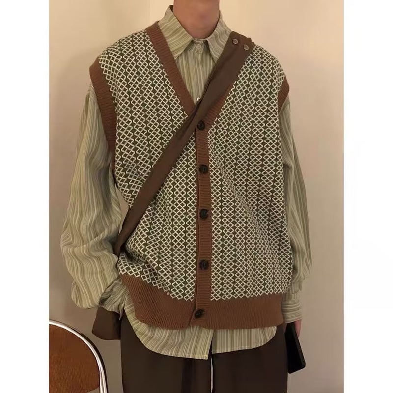 2024 Autumn Winter Loose American Trendy Khaki Knit Cardigan Vest Sweater for Men Brown