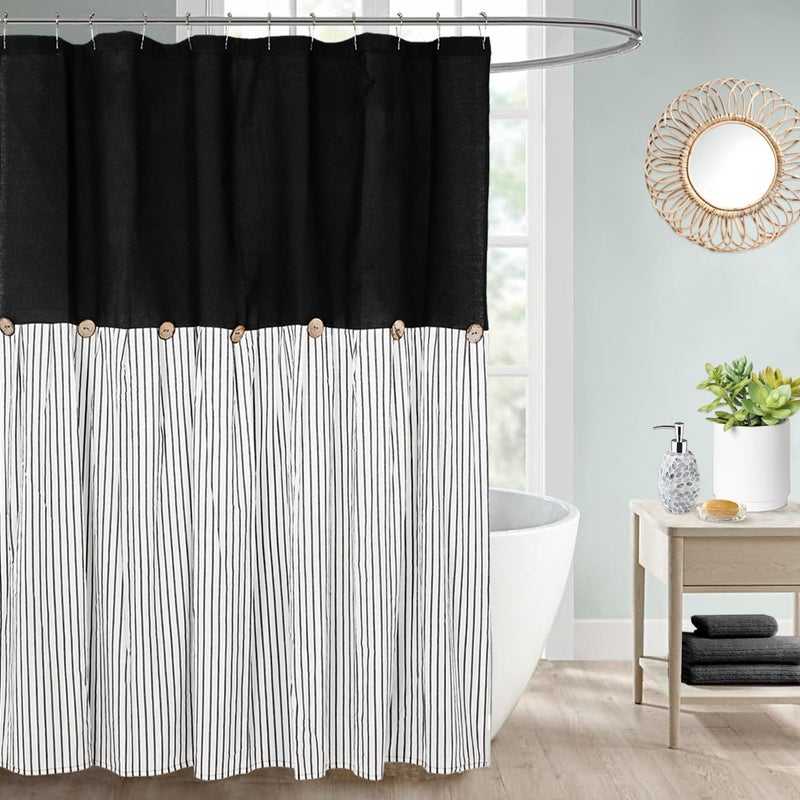DOSLY IDÃ‰ES Farmhouse Black Shower Curtain, Beige and Black Stripe, Button Curtain, Linen and Cotton Woven Fabric, Rustic Charm Country Chic Style, 72x72 in - Image 1