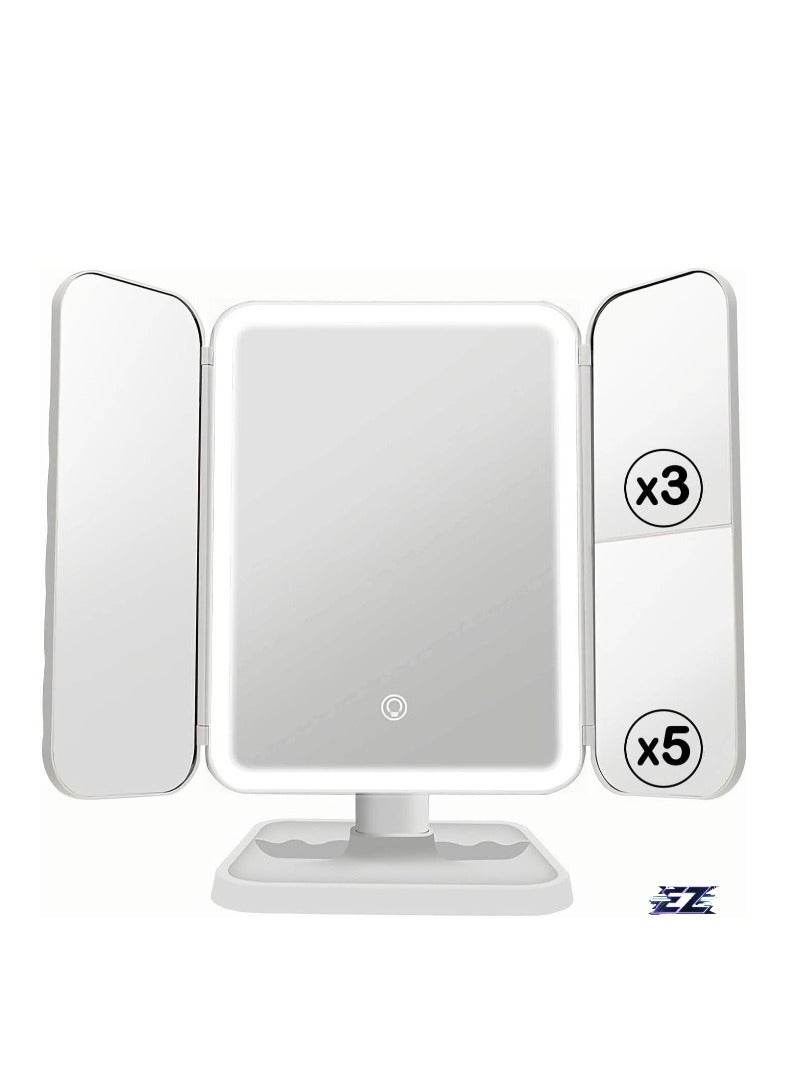 ELTRAZONE 3-Fold Lighted Makeup Mirror with 5X/3X/1X Magnification – 52 LED Vanity Mirror with Adjustable Brightness, Touch Screen Control, and 180° Adjustable Rotation – Portable, Foldable Countertop Cosmetic Mirror for Flawless Makeup Application - Image 1