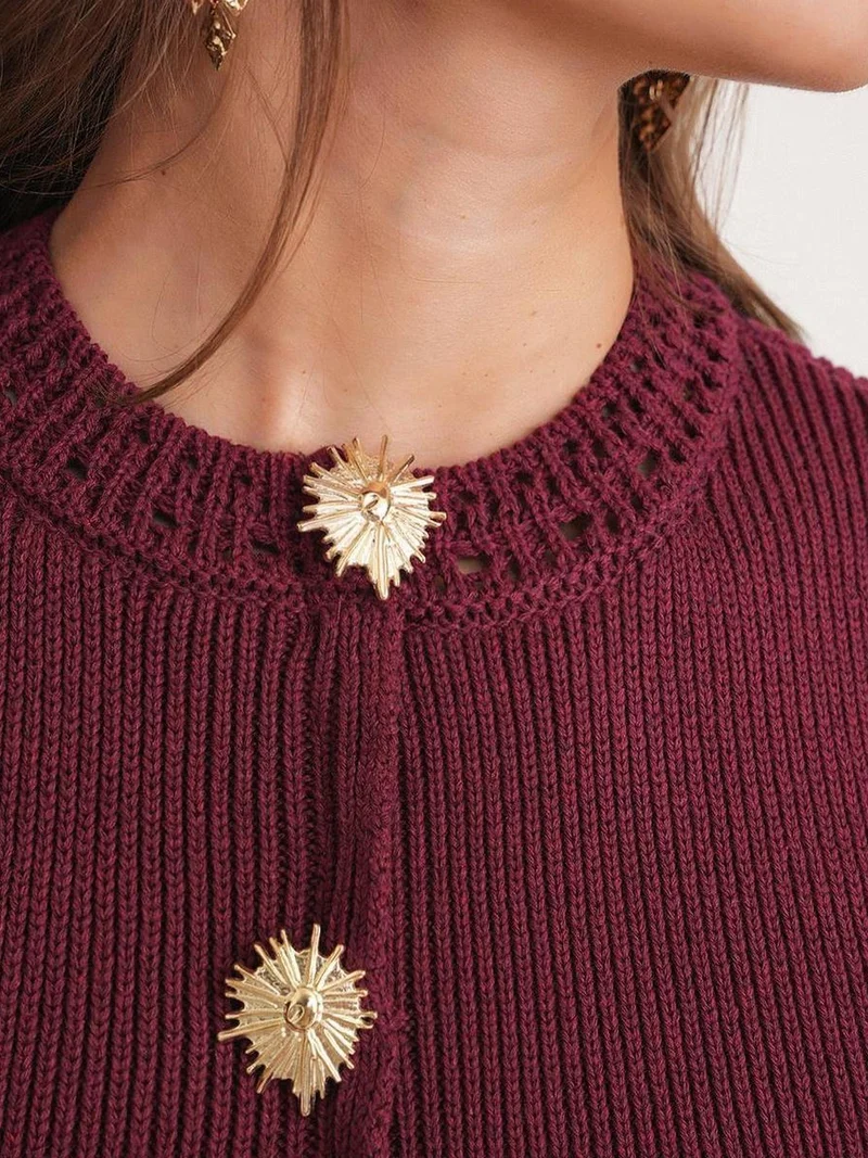 MixRay Burgundy Red Mixray Textured Knit Crop Top with Button Details for Women | Best Price UAE