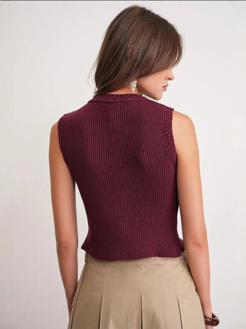 MixRay Burgundy Red Mixray Textured Knit Crop Top with Button Details for Women | Best Price UAE