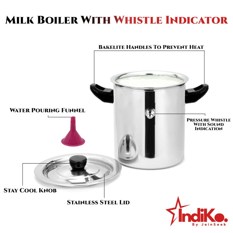 IndiKo By Jainsaab IndiKo 1 Litre Stainless Steel Double Wall Milk Boiler/Milk Pot/Milk Cooker Premium with Handle, Lid, Knob, Whistle & Funnel (1 Litre (Small)) - Image 3