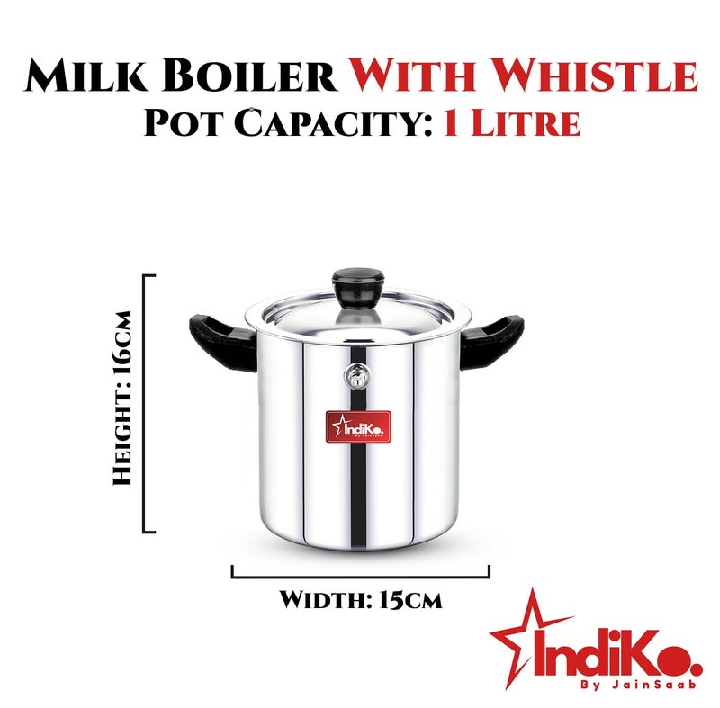 IndiKo By Jainsaab IndiKo 1 Litre Stainless Steel Double Wall Milk Boiler/Milk Pot/Milk Cooker Premium with Handle, Lid, Knob, Whistle & Funnel (1 Litre (Small)) - Image 2