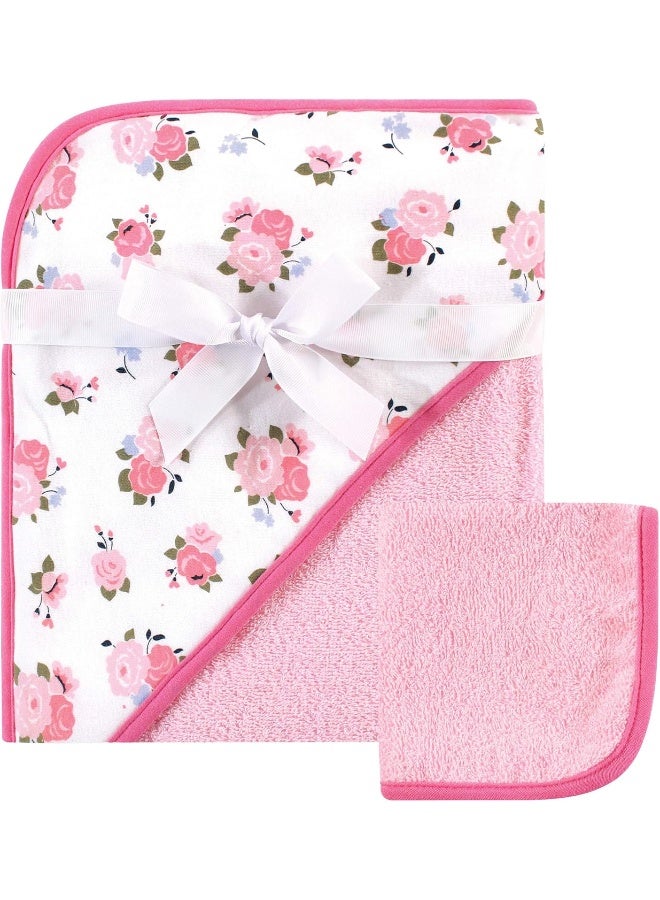 Luvable Friends Unisex Baby Cotton Hooded Towel and Washcloth, Floral, One Size