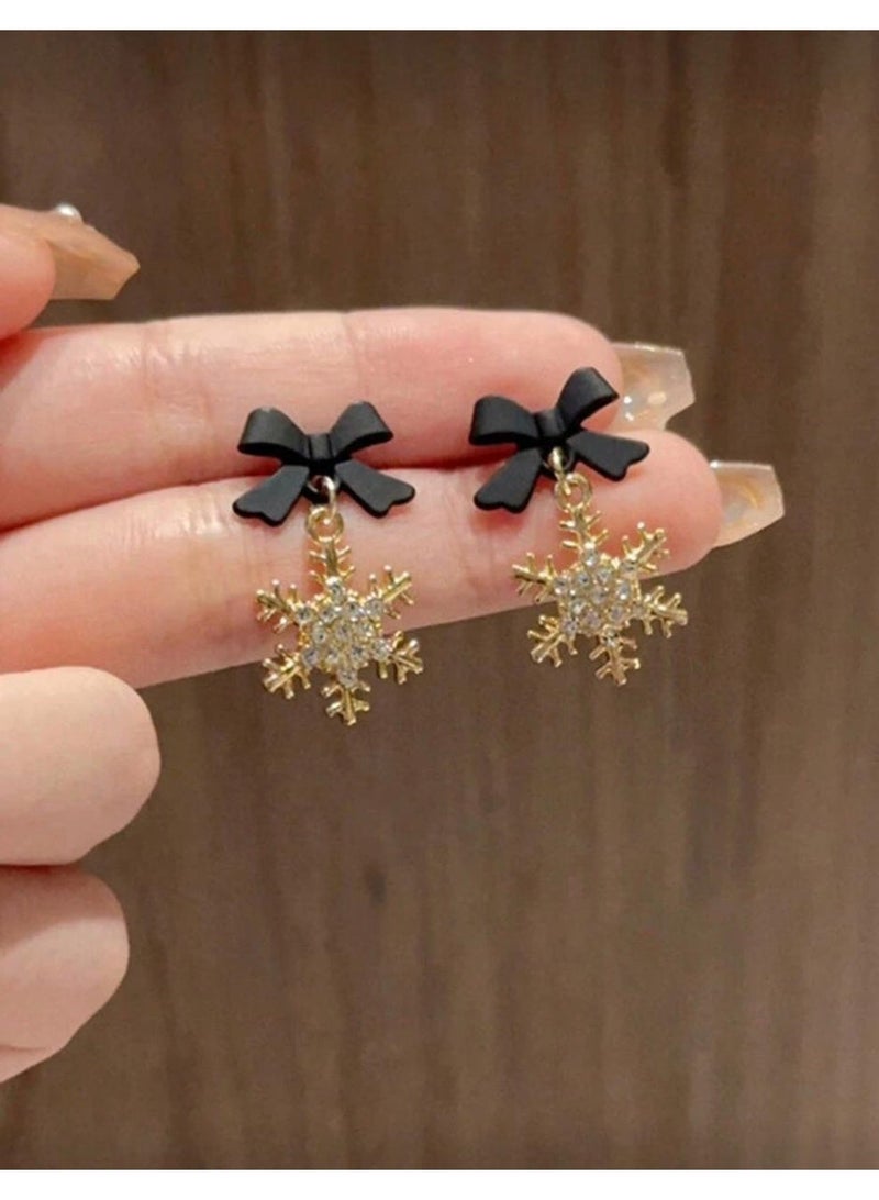 Black Bowknot & Snowflake Shaped Elegant And Minimalistic Earrings - Image 2