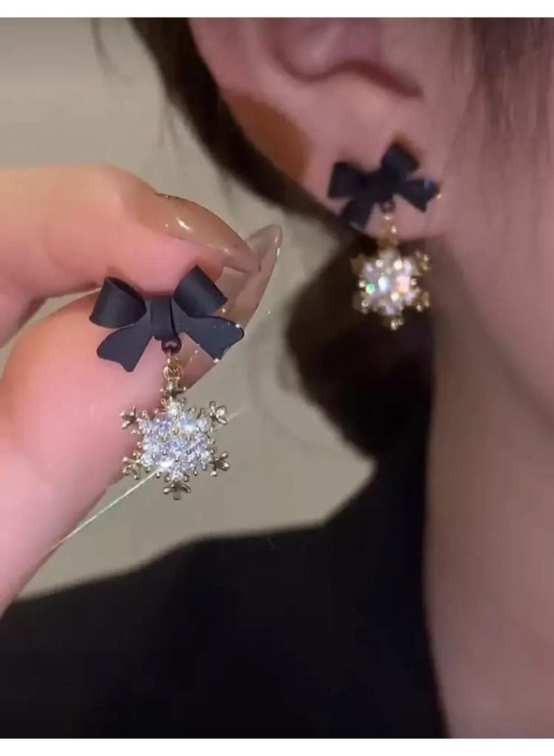 Black Bowknot & Snowflake Shaped Elegant And Minimalistic Earrings - Image 1