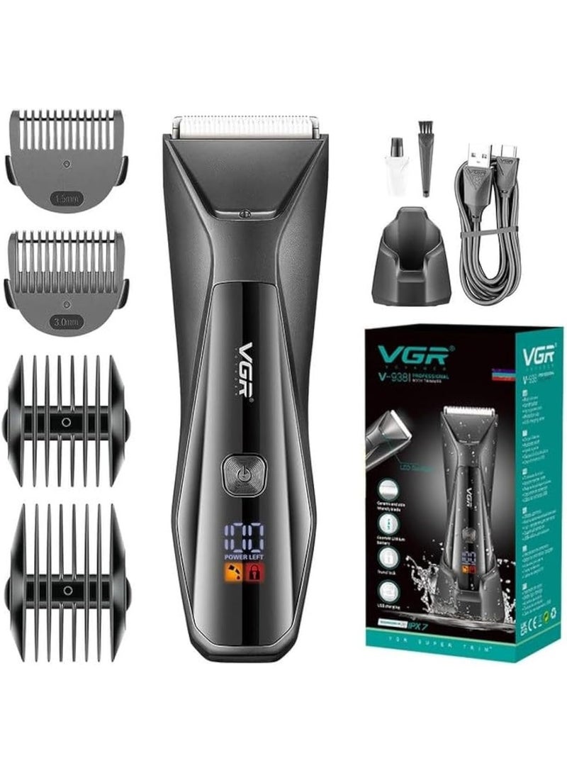 VGR V- 938 Body Hair Trimmer for Men - Men Ball Trimmer, Groin Hair Trimmer with 4 Trimming Combs, Waterproof Pubic Hair Trimmer Wireless Charger Dock Body Groomer with LED Spotlight & Travel Lock Black - Image 1