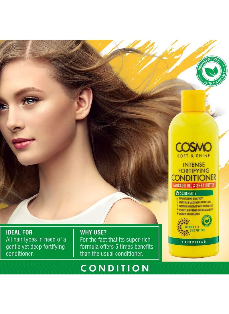 COSMO Soft & Shine Intense Fortifying Conditioner 480ml | Avocado Oil and Shea Butter | Improves Shine and Elasticity | Combats Hair Breakage | Enriched With Silk Peptides | Yellow  - Image 2