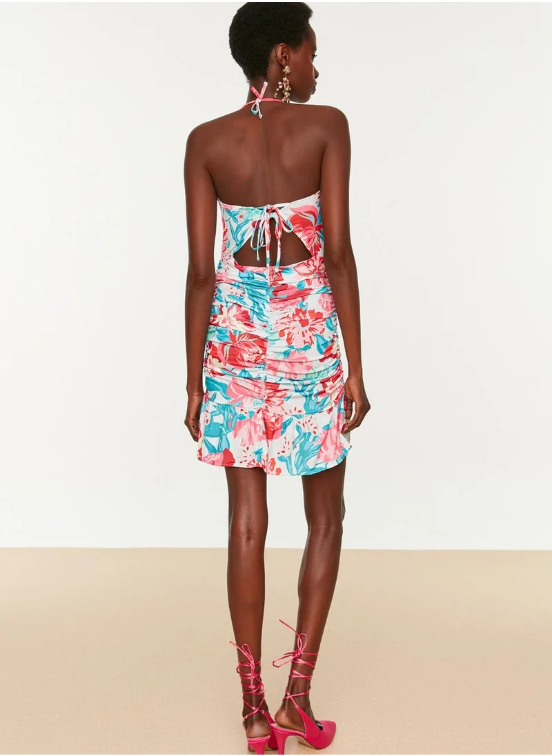 trendyol Halter Neck Floral Print Ruffle Hem Dress