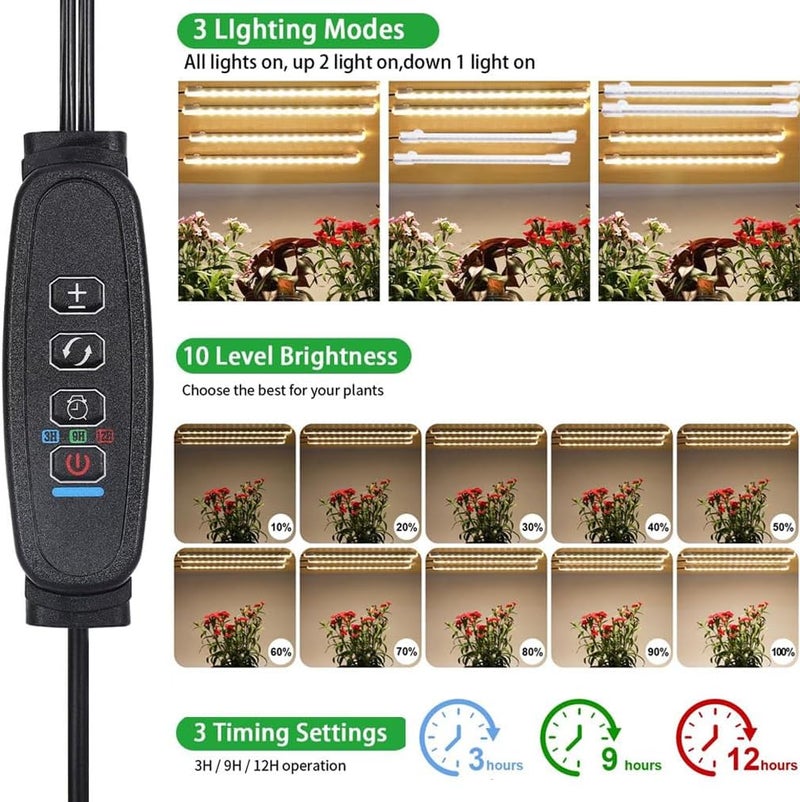 جووديرن شرائط إضاءة لنمو النباتات من Plants، عبارة عن قضيب إضاءة LED ذو طيف كامل يحتوي على 2 رأس، مزود بمؤقت آلي للتشغيل لمدة 3/9/12 ساعة، يحتوي على 160 مصباح LED و10 مستويات للتحكم في السطوع، وهو مثالي للإضاءة النباتية داخل الأماكن المغلقة، خاصة للنباتات الهيدروبونية والشتلات العصارية. - Image 5