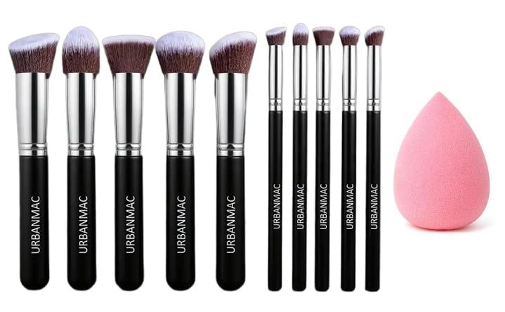 URBANMAC Premium Synthetic Kabuki Foundation Face Powder Blush Eyeshadow Brush Makeup Brush Kit with Blender Sponge (10 pcs, Black/Silver) - Image 1