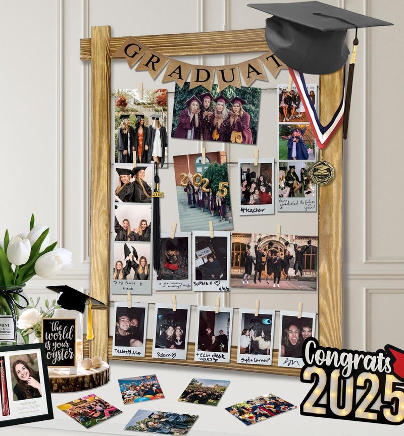 VIBNRIX Class of 2025 Wooden Picture Frame Collage with Adjustable Jute Cords and Clips, Graduation Decorations 2025, Rustic Graduation Photo Display for Table & Wall Decor - Image 1