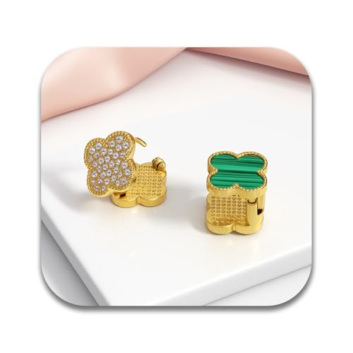 VAMA FASHIONS 18K Gold Plated Anti Tarnish Multiple piercing Green Emerald Four Leaf Clover Dual Side Reversible Hoop Earrings Lightweight Stud for Women & Girls - Image 1