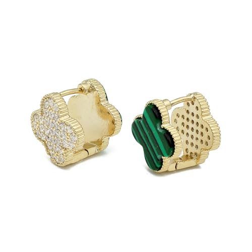VAMA FASHIONS 18K Gold Plated Anti Tarnish Multiple piercing Green Emerald Four Leaf Clover Dual Side Reversible Hoop Earrings Lightweight Stud for Women & Girls - Image 2