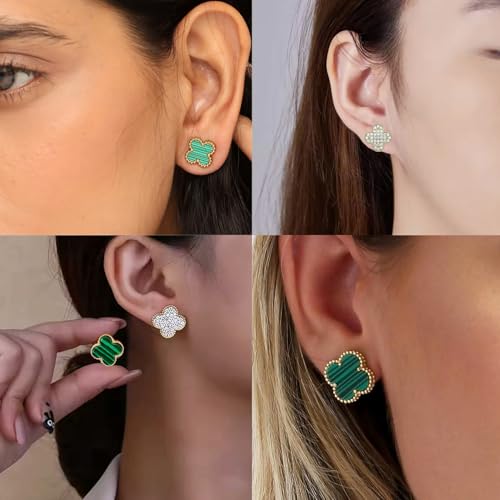 VAMA FASHIONS 18K Gold Plated Anti Tarnish Multiple piercing Green Emerald Four Leaf Clover Dual Side Reversible Hoop Earrings Lightweight Stud for Women & Girls - Image 4