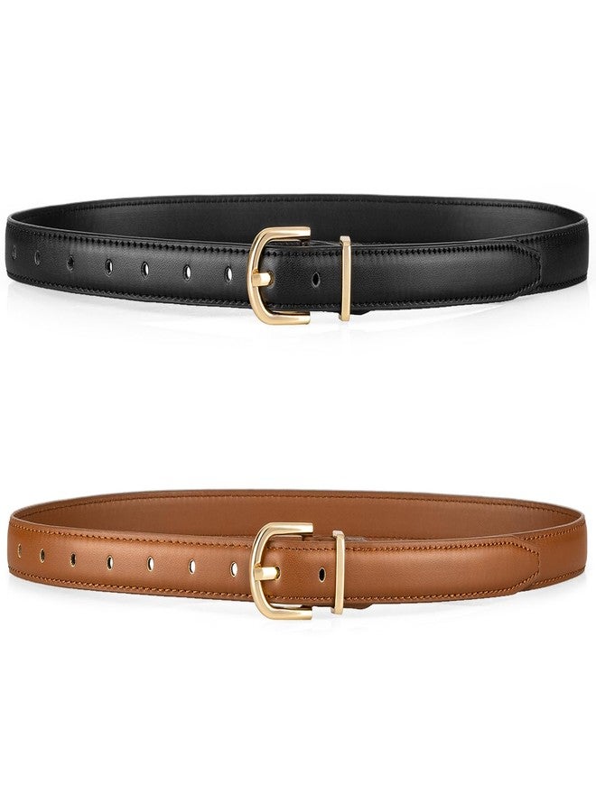 maikun 2 Pack Skinny Belt Women, Leather Waist Belt with Gold Alloy Buckle for Jeans Pants Dress, Brown Black, Size S - Image 1
