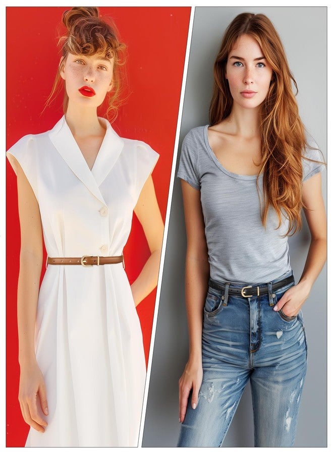 maikun 2 Pack Skinny Belt Women, Leather Waist Belt with Gold Alloy Buckle for Jeans Pants Dress, Brown Black, Size S - Image 2