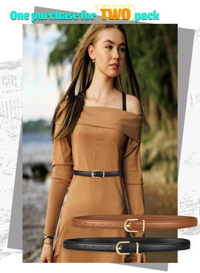 maikun 2 Pack Skinny Belt Women, Leather Waist Belt with Gold Alloy Buckle for Jeans Pants Dress, Brown Black, Size S - Image 4