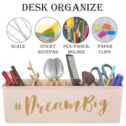 Elan Metal Pen and Pencil Stationary Storage Tidy Desk Organizer with 4 Compartment for Home Library and Office Unique Gifts Desk Decor Table Top Organizer (Dreambig, Pink) - Image 4