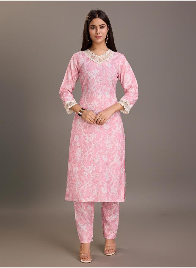 DW Floral Printed Linen Straight Kurta and Trousers Set by Styli  - Image 1