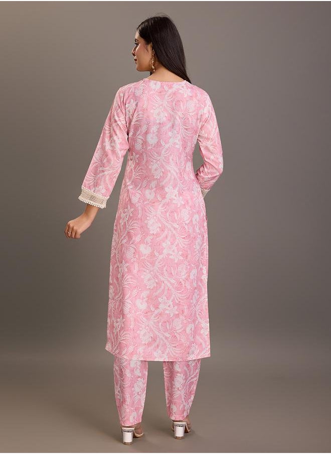 DW Floral Printed Linen Straight Kurta and Trousers Set by Styli  - Image 2
